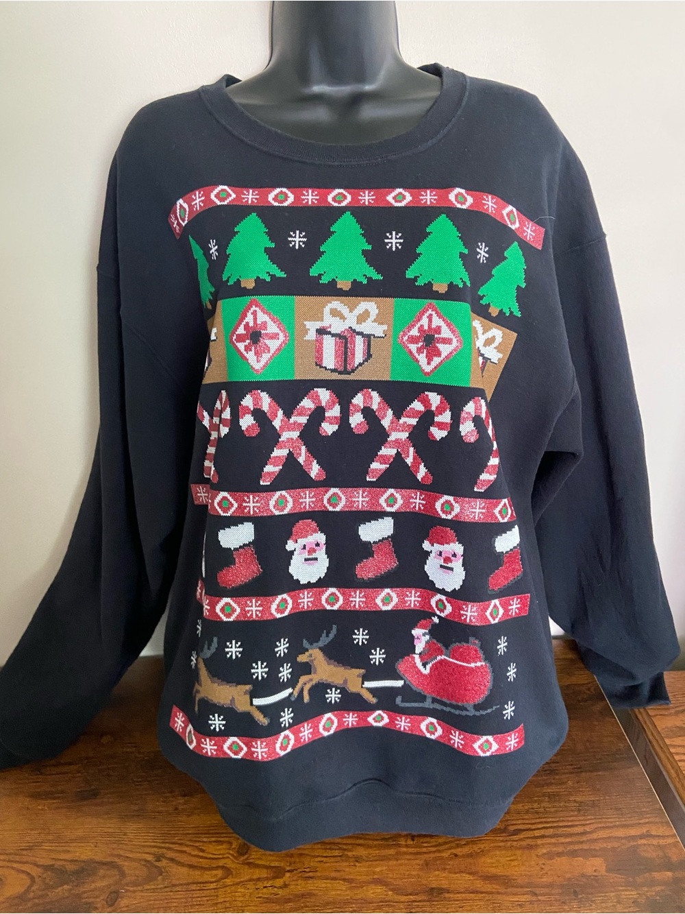 Jerzees Black Christmas Crewneck Sweatshirt with Festive Motifs